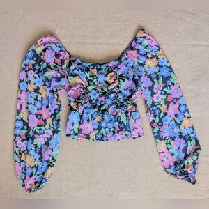 Pink Lily Colorful Floral Patterned Runched Long Sleeve Off Shoulder Top